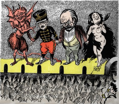 Rehabilitatie van Dreyfus: de conclusie, de hoofdrolspelers worden toegejuicht door het publiek. Van links naar rechts, de duivel die de zaak leidde, kapitein Alfred Dreyfus, Emile Zola en de Naakte Waarheid. Satirische vignette van York. door Frederick York
