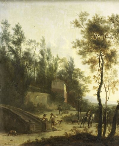 Italiaans landschap met jagers door Frederick de (manner of) Moucheron
