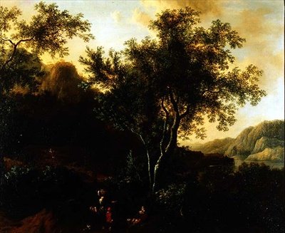 Italiaans Meerlandschap met Reizigers op een Pad door Frederick de Moucheron