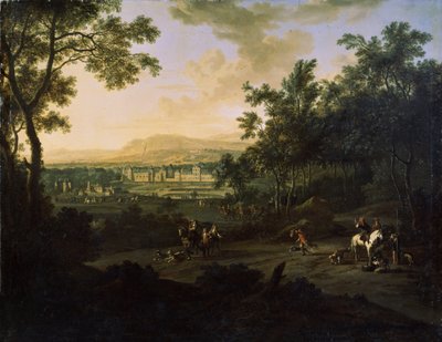 Landschap met jagers door Frederick de Moucheron