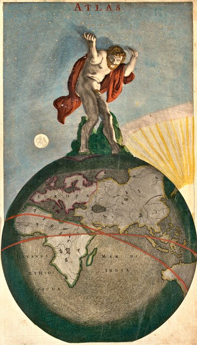 Atlas die het hemelgewelf ondersteunt, leunend op de aarde door Frederick de Wit