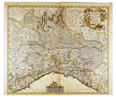 Kaart van de Republiek Genua, Hertogdom Milaan, Parma en Monferrato, door Frederik de Wit, Amsterdam, kopergravure door Frederick de Wit