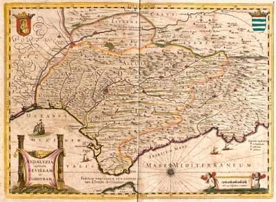 Kaart van Andalusië, met Sevilla en Cordoba (Spanje) (ets) door Frederick de Wit