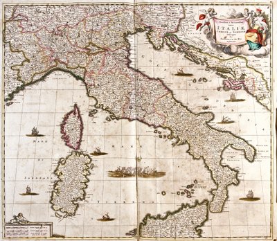 Kaart van Italië, Corsica en Sardinië (ets) door Frederick de Wit