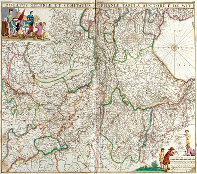 Kaart van het Hertogdom Gelderland en het Graafschap Zutphen (Duitsland) (ets) door Frederick de Wit