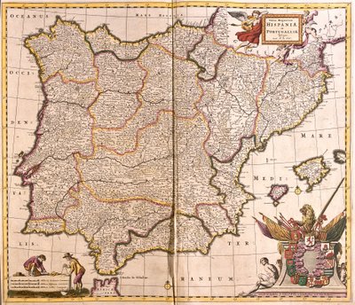 Kaart van het Iberisch Schiereiland, Spanje en Portugal door Frederick de Wit
