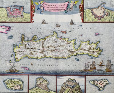 Kaart van het eiland Candia (Kreta) met de zeehaven van Heraklion, ca. 1680 door Frederick de Wit