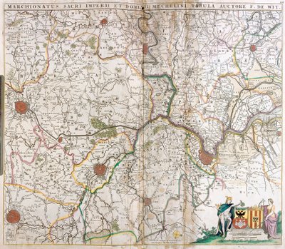 Kaart van de Markizaten van het Heilige Roomse Rijk en de Heerlijkheid Mechelen (Nederland) (ets) door Frederick de Wit