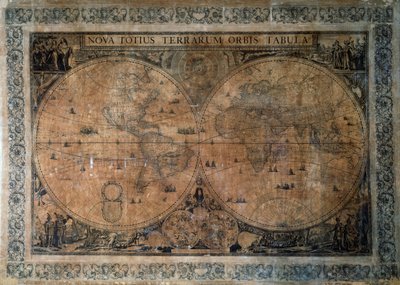 Nova Totius Terrarum Orbis Tabula, dubbele hemisfeer wereldkaart door Frederick de Wit (1629-1630 - 1706), opgedragen aan keizer Joseph I, kopergravure door Frederick de Wit