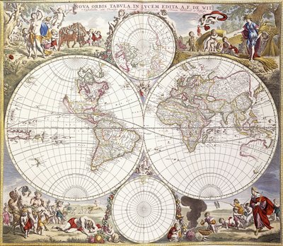 Wereldkaart uit Atlas Maior, ca. 1705 door Frederick de Wit