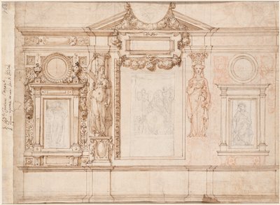 Ontwerp voor een wanddecoratie met ingeplakte schetsen naar Raphael verso, ca. 1580s-90s door Frederico Zuccaro