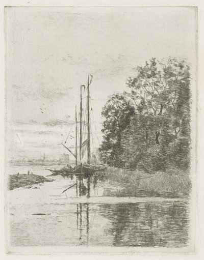 Riviergezicht met twee schepen en een schuit door Fredericus Jacobus van Rossum du Chattel (signed by artist)