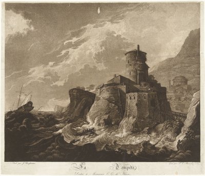Kasteel op rotskust en schepen in storm op zee door Frederik Christiaan Bierweiler