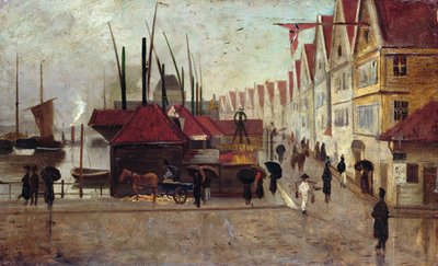 De kade in Bergen door Frederik Collett