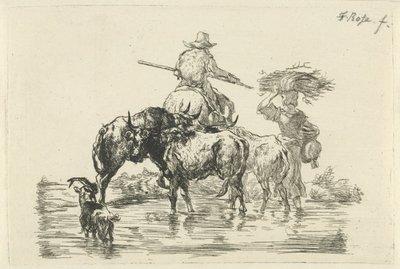 Herder en herderin waden door een beek door Frederik Cornelis Rose