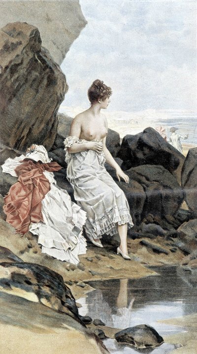 Vrouw bij de zee die in het geheim baadt - allegorie van de zomer, kalender geïllustreerd door Hubert Dys, geschilderd door F.H. Kaemmerer door Frederik Hendrik Kaemmerer