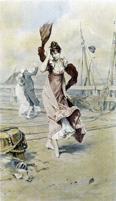Vrouw aan de kust - allegorie van het vroege voorjaar, kalender geïllustreerd door Hubert Dys, geschilderd door F.H. Kaemmerer door Frederik Hendrik Kaemmerer