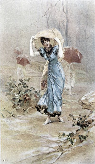 Vrouw die zichzelf beschermt tegen de regen - allegorie van vroege herfst, kalender geïllustreerd door Hubert Dys, geschilderd door F.H. Kaemmerer door Frederik Hendrik Kaemmerer