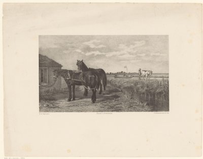 Twee paarden voor een schuur door Frederik Hendrik Weissenbruch