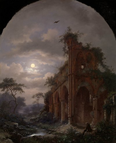 Mediterende monnik bij een ruïne bij nacht door Frederik Marinus Kruseman (signed by artist)