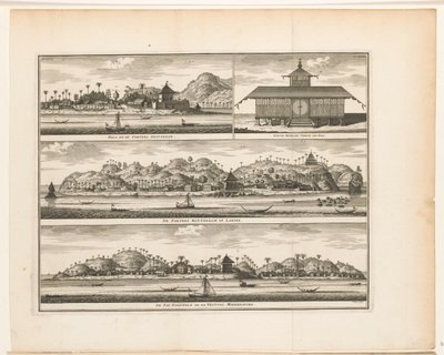 Drie vestingen op Ambon Hila, en de Fortres Amsterdam / Nieuwe Moorsche Tempel van Hila / De Fortres Rotterdam op Larike / De Pas Baguwala en de Vesting Middelburg door Frederik Ottens