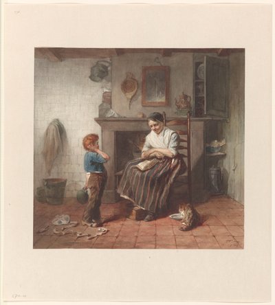 Interieur met een jongetje, een vlieger en een vrouw door Frederik Willem Zürcher