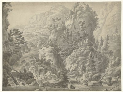 Berglandschap met waterval door Frederik de Moucheron