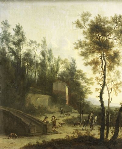 Italiaans landschap met jagers door Frederik de Moucheron