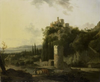 Italiaans landschap met ronde toren door Frederik de Moucheron