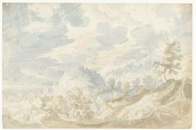 Berglandschap met een gezicht op een dal en een kerktoren door Frederik van Valckenborch