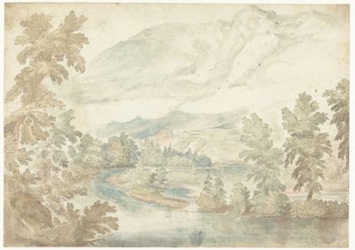 Bocht in een rivier stromend door een dal met hoge bergen door Frederik van Valckenborch