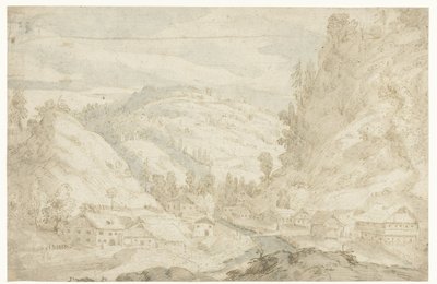 Gezicht op een dal met een dorp en een bergbeekje (Schetsboek) door Frederik van Valckenborch