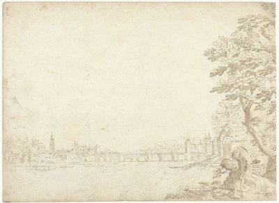 Gezicht op een stad aan een rivier (de Donau?) door Frederik van Valckenborch
