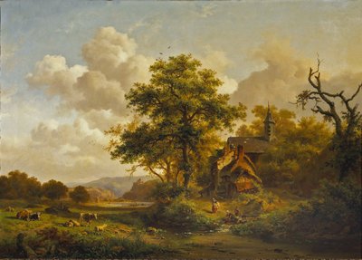 Een rustig landschap met vrouwen die zich wassen bij een beekje en vee en schapen die rusten door Fredrik Marinus Kruseman