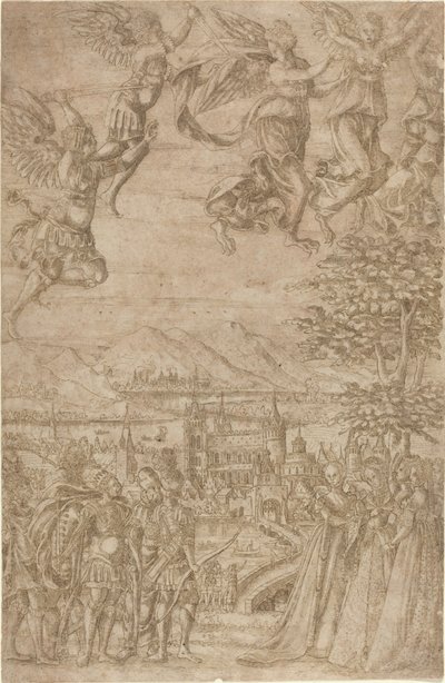 Een Koning en Zijn Gevolg Confronteren Dames onder een Hemelse Strijd door French 17th Century