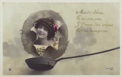 Het hoofd van een vrouw breekt door boven een pannenkoekenpan door French Photographer