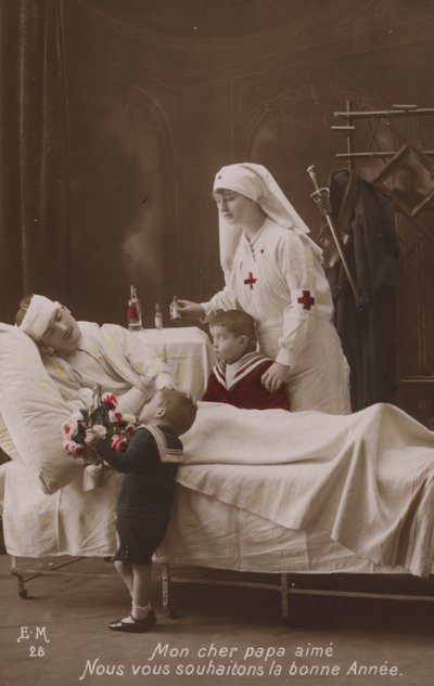 Kinderen wensen hun gewonde vader een Gelukkig Nieuwjaar, WO1 door French Photographer