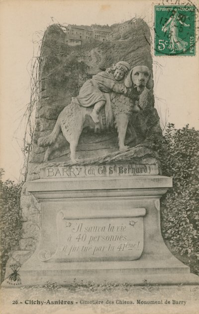 Clichy-Asnieres - Hondenbegraafplaats. Monument van Barry. Ansichtkaart verzonden in 1913 door French Photographer