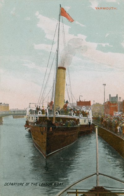 Vertrek van de Londense boot in Yarmouth. Ansichtkaart verzonden in 1913 door French Photographer