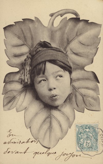 Gezicht van een kleine jongen in het midden van een blad door French Photographer