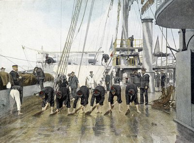 Franse marine, eind 19e eeuw: Schoonmaak van het dek door French Photographer