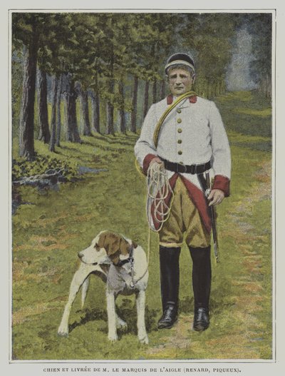 Hond en jager in de livrei van de jacht van de Markies de l