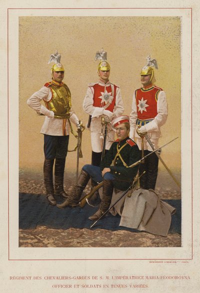 Russische Leger: Regiment van de Ridders-Garde van H.M. Keizerin Maria-Feodorovna, Officier en Soldaten in Diverse Uniformen door French Photographer