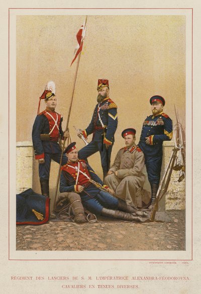 Het Russische leger: Regiment Lansiers van H.M. Keizerin Alexandra-Feodorovna, Ruiters in Diverse Uniformen door French Photographer