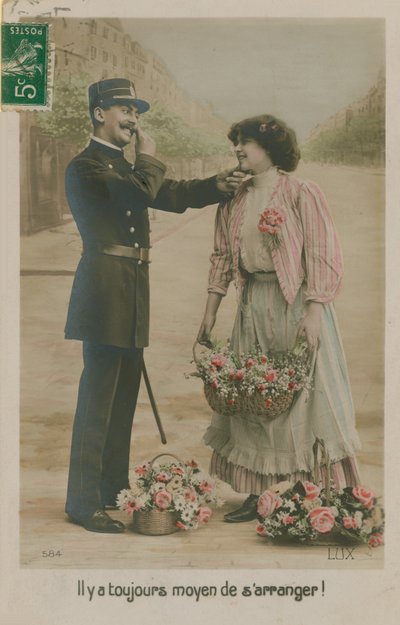 Franse politieagent met een bloemenmeisje door French Photographer