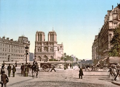 Westelijke Façade van Notre Dame, en Pont St. Michel, Parijs, gepubliceerd ca. 1900 door French Photographer
