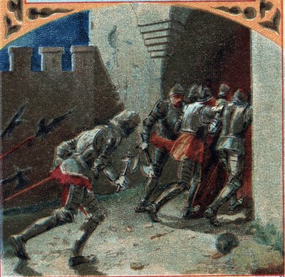 100-jarige oorlog: het leger van de Bourgondiërs veroverde het kasteel van Pierrefonds door verraad (14e eeuw). Chromolithografie uit het einde van de 19e eeuw door French School