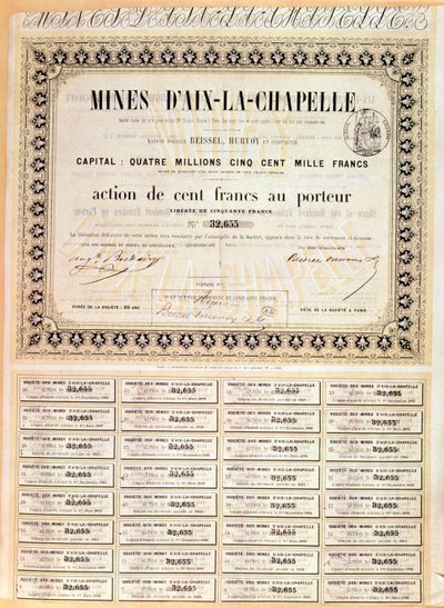 100 francs Aandeel aan toonder van de Aken-mijnen, 1856 door French School