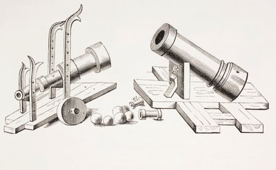 15e-eeuwse kanonnen, met vaste affuit (rechts) en rollende affuit (links) uit Les Arts au Moyen Age, gepubliceerd 1873 door French School