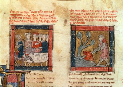 Galahad komt naar Arthur en Galahad trekt het zwaard uit de drijvende steen in de rivier bij Camelot, ca.1250-80 door French School